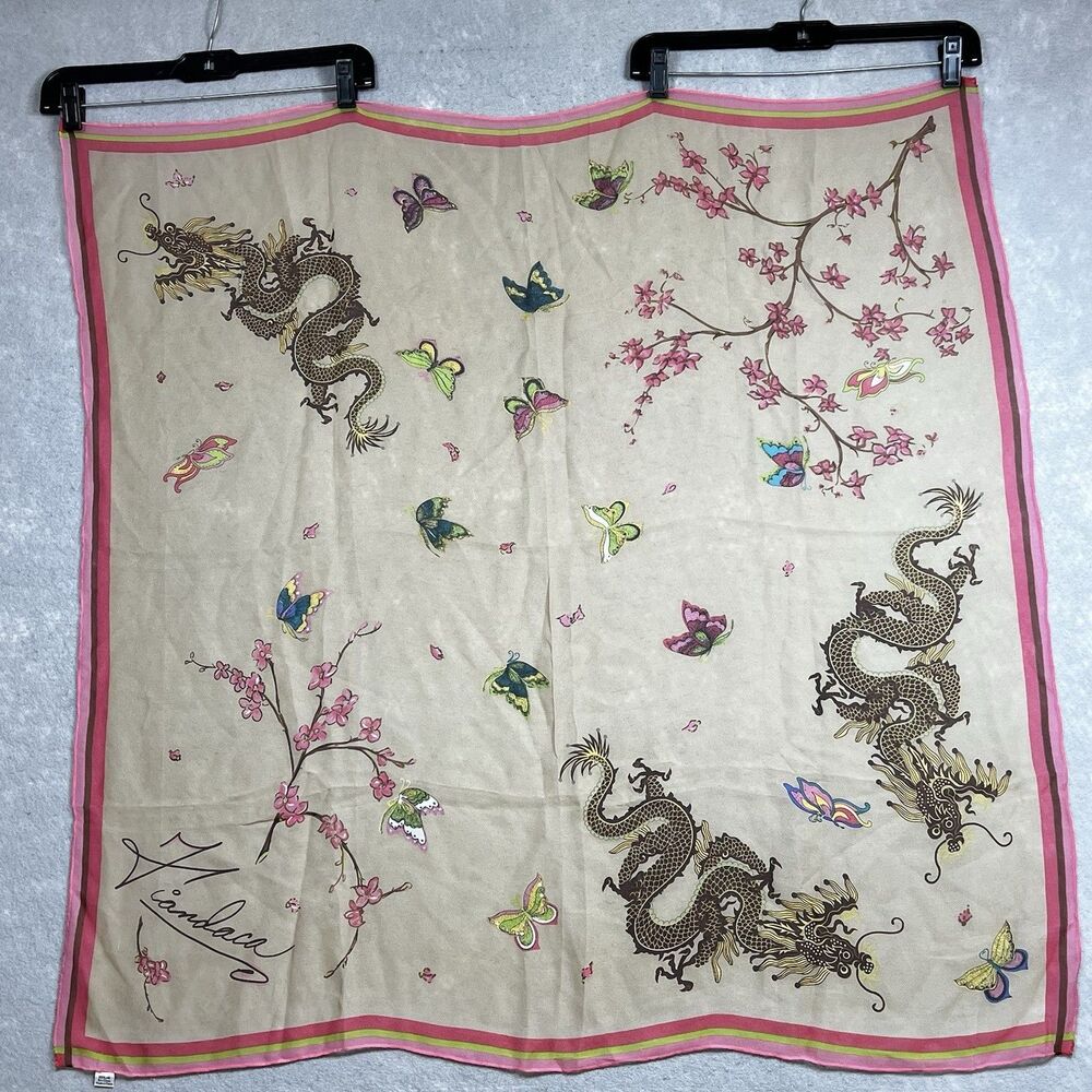 Fiandaca Dragons Butterflies Square Scarf  Women’s O/S Pink Brown Beige Silk